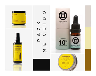 fotos de los productos incluidos en el pack me cuido: aceite corporal con cbd, crema dermocalmante con cbd, aceite 10% cbd, bálsamo labial con cbd.