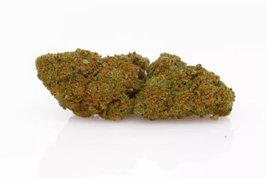 2 cogollos de cannabis legal llenos de tricomas anaranjados sobre fondo blanco