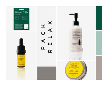 fotos de los productos del pack relax: parches alivium cbd, aceite de noche cbd, champú dermocalmente con cbd, bálsamo labial con cbd en fondo blanco.