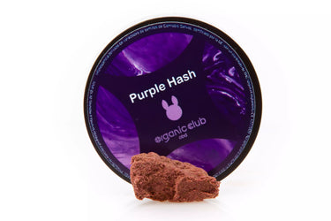 Pieza de Hachis de CBD con textura polen, con matices de color morados, con su envase en forma de tarro circular al fondo