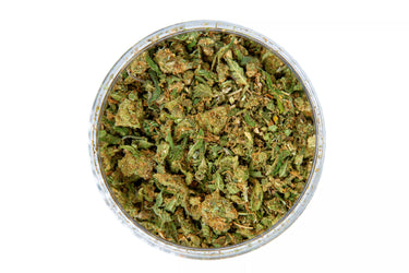 Tarro transparente relleno de triturado de flores de CBD, TRIM Y COGOLLOS PEQUEÑOS