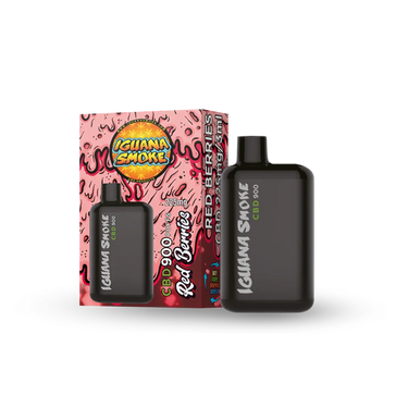 vapeador de iguana smoke en fondo blanco en envase rosa RED BERRIES