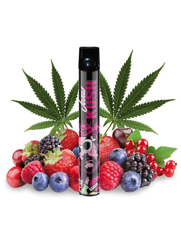 vapeador jesus kush en imagen con fondo blanco, rodeado a modo decorativo con hojas de marihuna y frutos del bosque