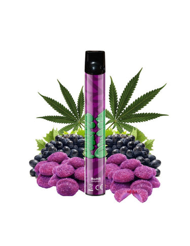 Vapeador Purple punch color morado con hojas de marihuana decorativas y gominolas. Fondo blanco