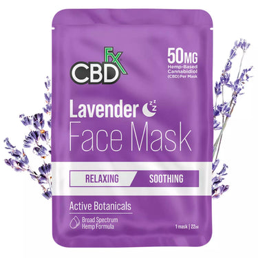 mascarilla facial cbd y lavanda sobre fondo blanco