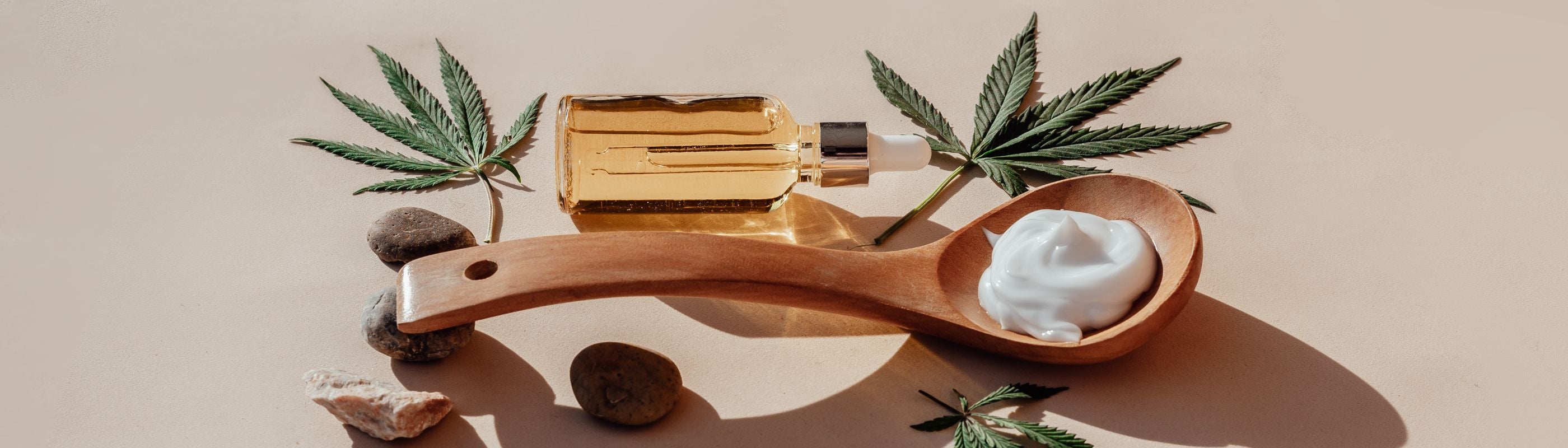 aceites de cbd en su envase con hoja de marihuana decorativa en fondo blanco junto con cuchara de madera y crema hidratante
