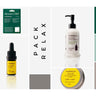 fotos de los productos del pack relax: parches alivium cbd, aceite de noche cbd, champú dermocalmente con cbd, bálsamo labial con cbd en fondo blanco.
