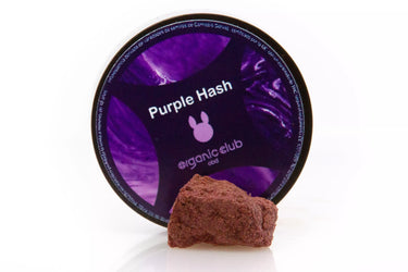 Tarro redondo de Hachís de CBD, variedad purple, llama la atención su color morado