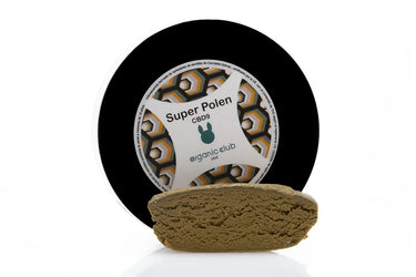 Super Polen CBD9 Organic Club con pieza de polen CBD clara en primer plano sobre fondo blanco