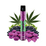 Vapeador Purple punch color morado con hojas de marihuana decorativas y gominolas. Fondo blanco